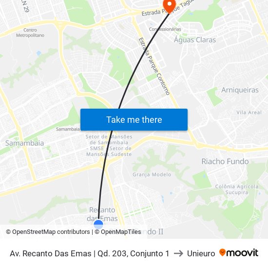 Av. Recanto Das Emas | Qd. 203, Conjunto 1 to Unieuro map