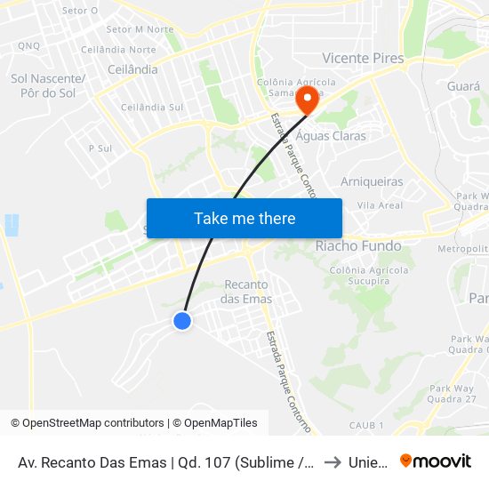 Av. Recanto Das Emas | Qd. 107 (Sublime / Kimicar) to Unieuro map