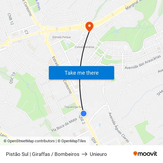 Pistão Sul | Giraffas / Bombeiros to Unieuro map