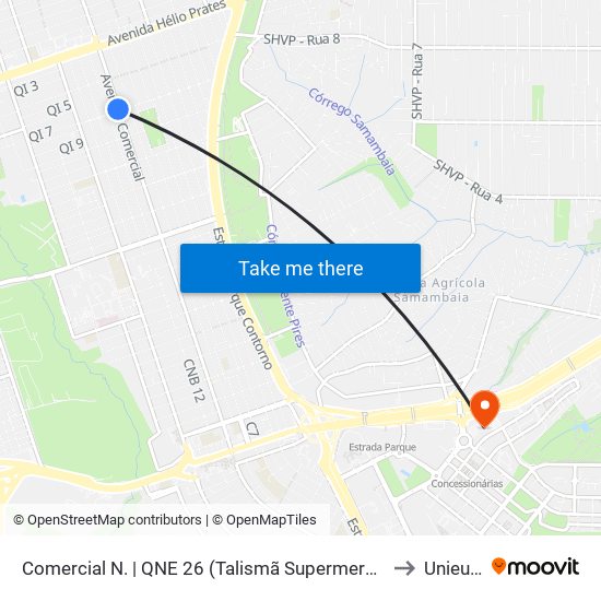 Comercial N. | QNE 26 (Talismã Supermercado) to Unieuro map