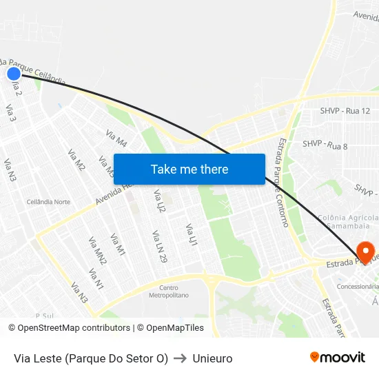 Via Leste (Parque Do Setor O) to Unieuro map