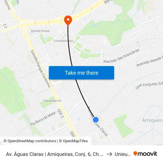 Av. Águas Claras | Arniqueiras, Conj. 6, Ch. 423 to Unieuro map