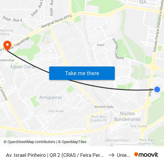 Av. Israel Pinheiro | QR 2 (CRAS / Feira Permanente) to Unieuro map