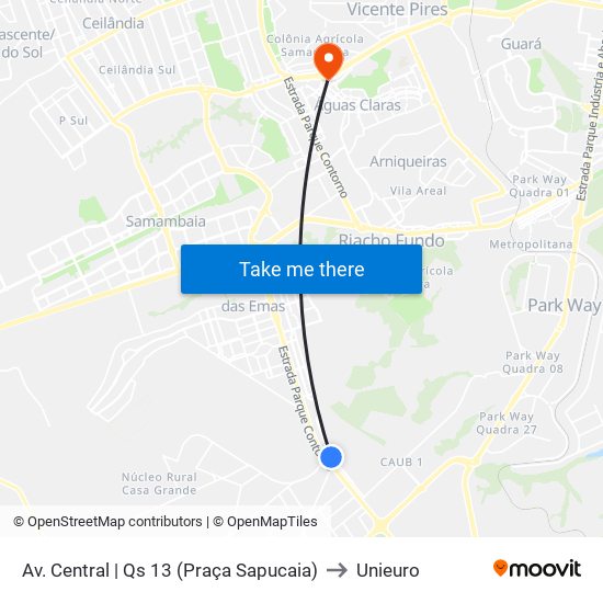 Av. Central | Qs 13 (Praça Sapucaia) to Unieuro map