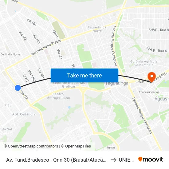 Av. Fund.Bradesco - Qnn 30 (Brasal/Atacadão Dia A Dia) to UNIEURO map