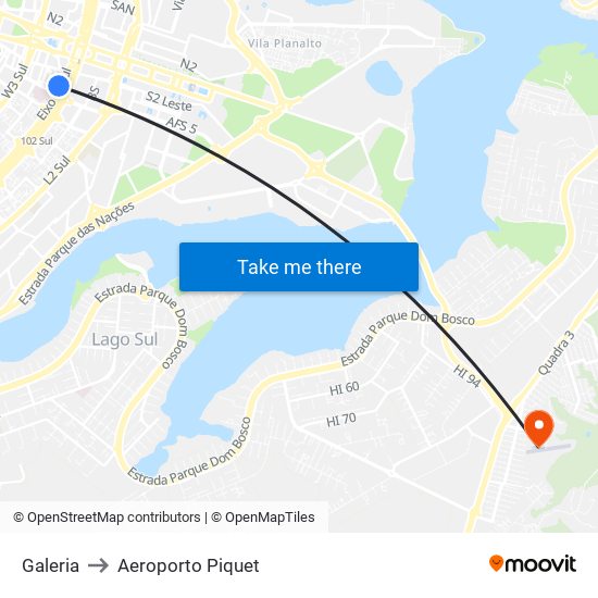 Galeria to Aeroporto Piquet map