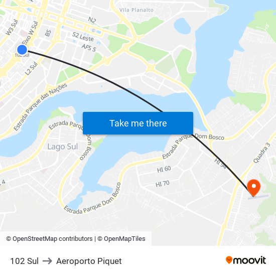 102 Sul to Aeroporto Piquet map