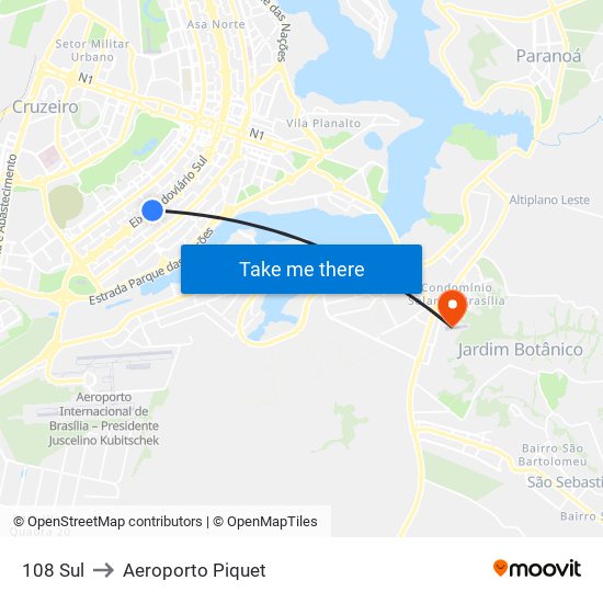 108 Sul to Aeroporto Piquet map