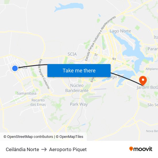 Ceilândia Norte to Aeroporto Piquet map