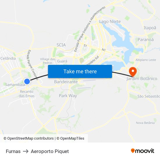 Furnas to Aeroporto Piquet map
