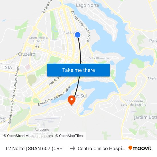 L2 Norte | SGAN 607 (CRE Plano Piloto) to Centro Clínico Hospital Brasília map