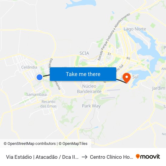 Via Estádio | Atacadão / Dca II / Rodoviária / Estádio to Centro Clínico Hospital Brasília map