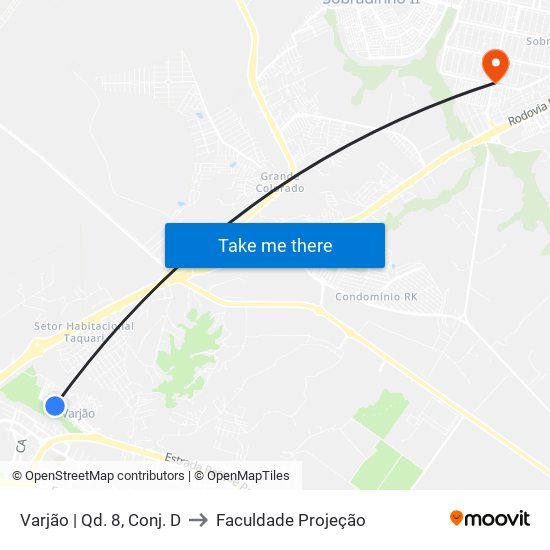Varjão | Qd. 8, Conj. D to Faculdade Projeção map