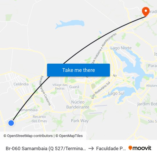 Br-060 Samambaia (Q 527/Terminal Samambaia Sul) to Faculdade Projeção map