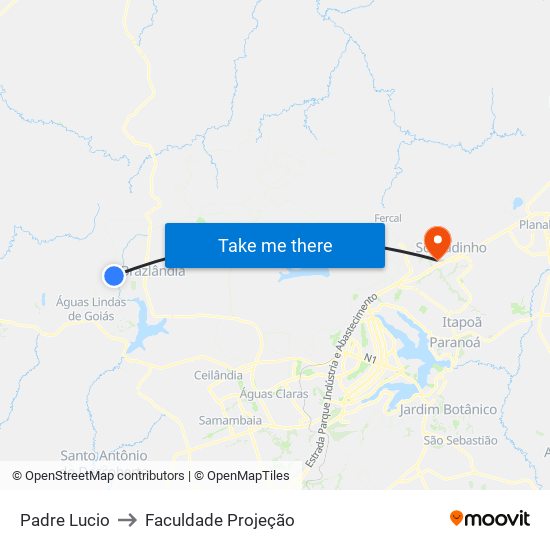 Padre Lucio to Faculdade Projeção map