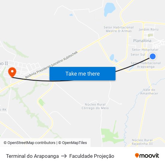 Terminal do Arapoanga to Faculdade Projeção map