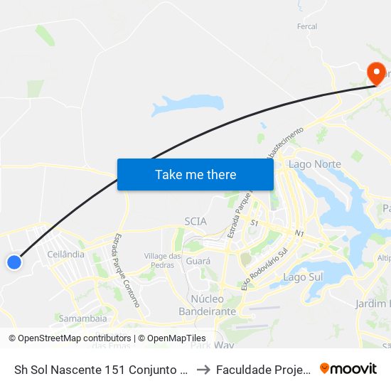 Sh Sol Nascente 151 Conjunto B, 71 to Faculdade Projeção map