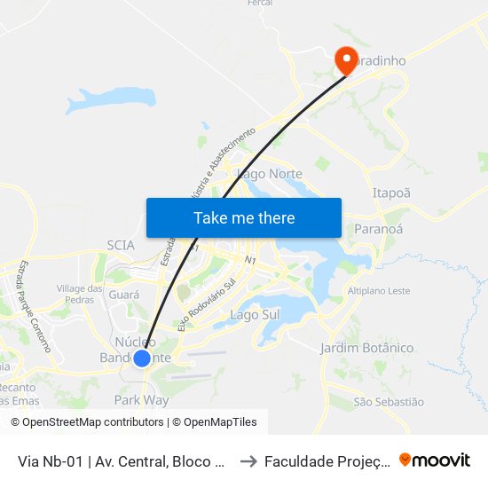 Via Nb-01 | Av. Central, Bloco 211 to Faculdade Projeção map