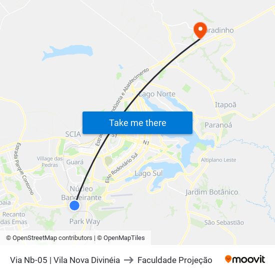 Via Nb-05 | Vila Nova Divinéia to Faculdade Projeção map