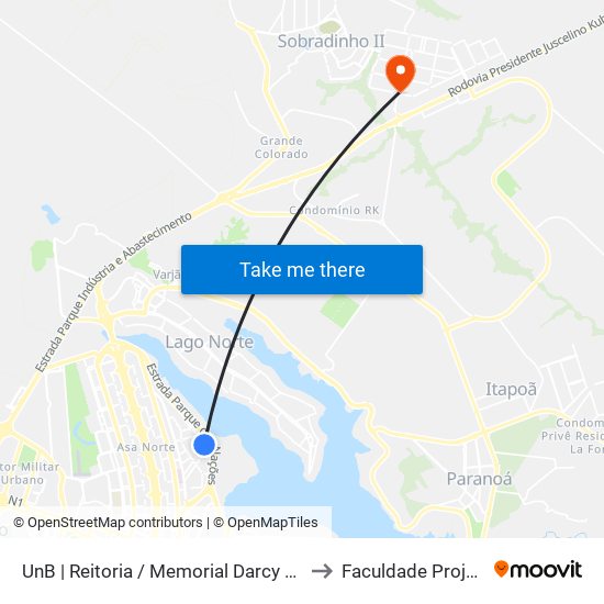 UnB | Reitoria / Memorial Darcy Ribeiro to Faculdade Projeção map