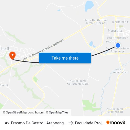 Av. Erasmo De Castro | Arapoanga, Qd. 1d to Faculdade Projeção map