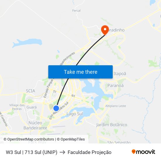 W3 Sul | 713 Sul (UNIP) to Faculdade Projeção map