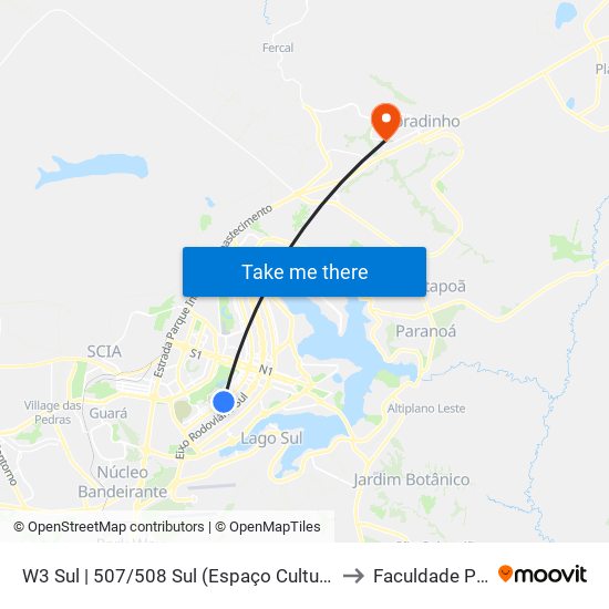 W3 Sul | 507/508 Sul (Espaço Cultural Renato Russo) to Faculdade Projeção map