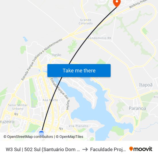 W3 Sul | 502 Sul (Santuário Dom Bosco) to Faculdade Projeção map