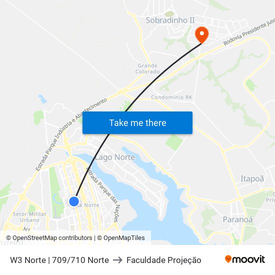 W3 Norte | 709/710 Norte to Faculdade Projeção map