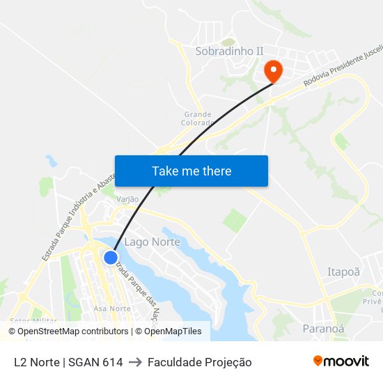 L2 Norte | SGAN 614 to Faculdade Projeção map