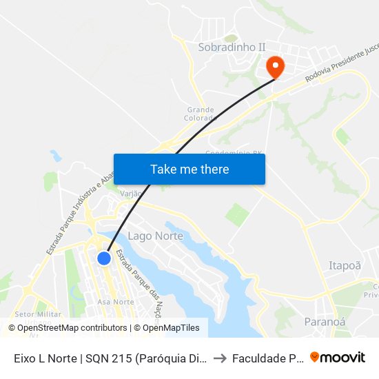 Eixo L Norte | SQN 215 (Paróquia Divina Misericórdia) to Faculdade Projeção map