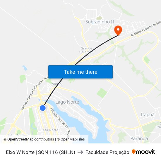 Eixo W Norte | SQN 116 (SHLN) to Faculdade Projeção map