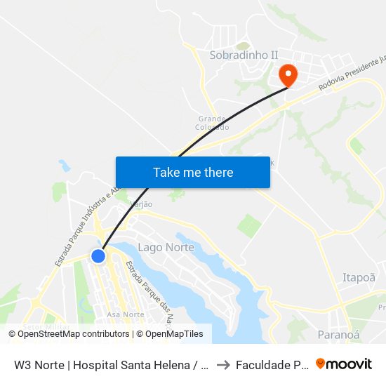 W3 Norte | Hospital Santa Helena / Santa Lúcia Norte to Faculdade Projeção map