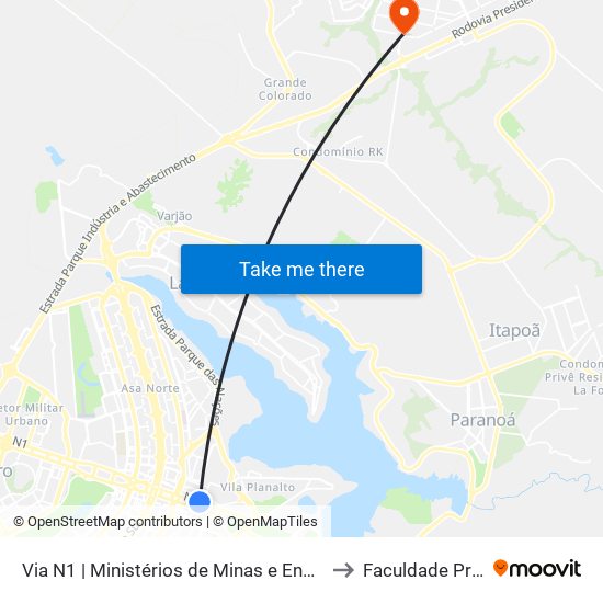 Via N1 | Ministérios de Minas e Energia / Turismo to Faculdade Projeção map