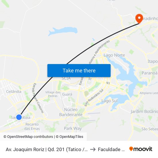 Av. Joaquim Roriz | Qd. 201 (Tatico / 7° Ofício De Notas) to Faculdade Projeção map