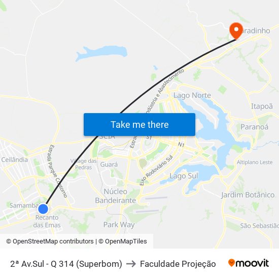 2ª Av.Sul - Q 314 (Superbom) to Faculdade Projeção map