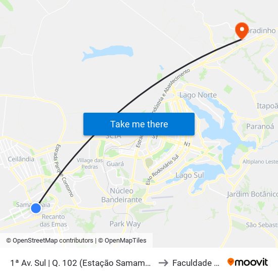 1ª Av. Sul | Q. 102 (Estação Samambaia / Castelo Forte) to Faculdade Projeção map
