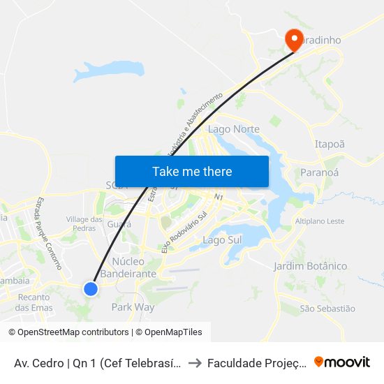 Av. Cedro | Qn 1 (Cef Telebrasília) to Faculdade Projeção map