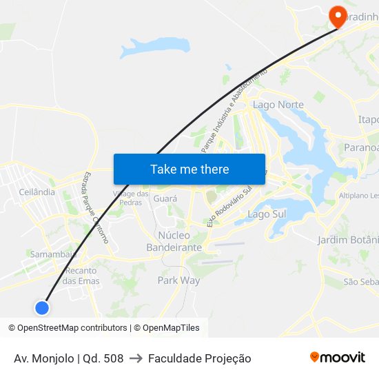 Av. Monjolo | Qd. 508 to Faculdade Projeção map
