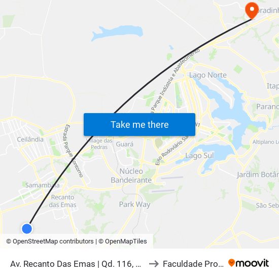 Av. Recanto Das Emas | Qd. 116, Conjunto 6 to Faculdade Projeção map
