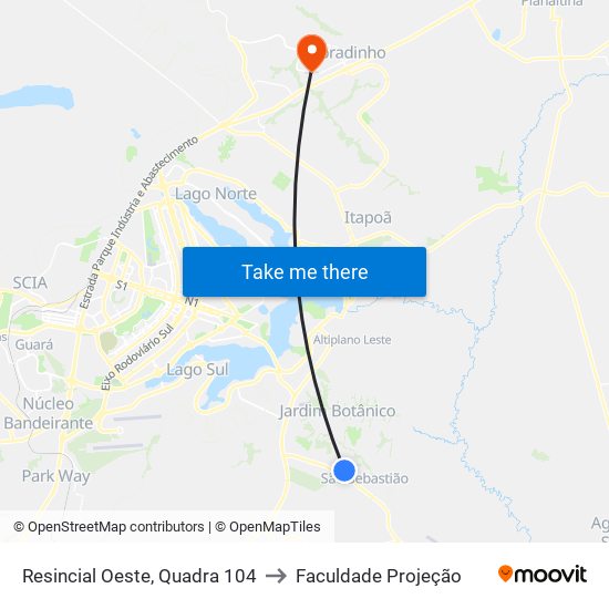Resincial Oeste, Quadra 104 to Faculdade Projeção map