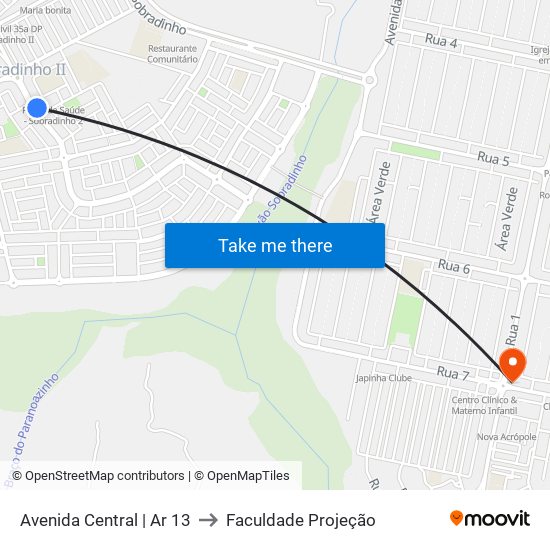 Avenida Central | Ar 13 to Faculdade Projeção map