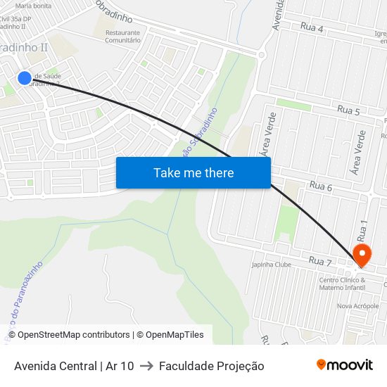 Avenida Central | Ar 10 to Faculdade Projeção map