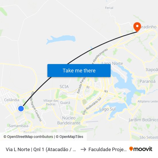 Via L Norte | Qnl 1 (Atacadão / Dca II) to Faculdade Projeção map