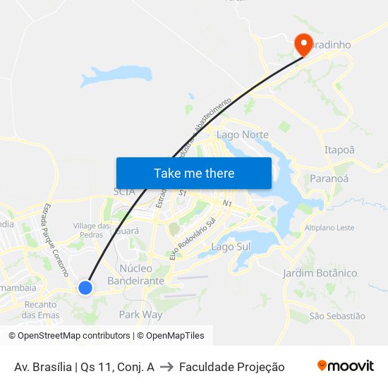 Av. Brasília | Qs 11, Conj. A to Faculdade Projeção map