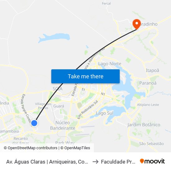 Av. Águas Claras | Arniqueiras, Conj. 6, Ch. 435 to Faculdade Projeção map