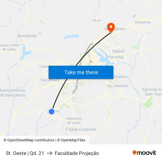 St. Oeste | Qd. 21 to Faculdade Projeção map