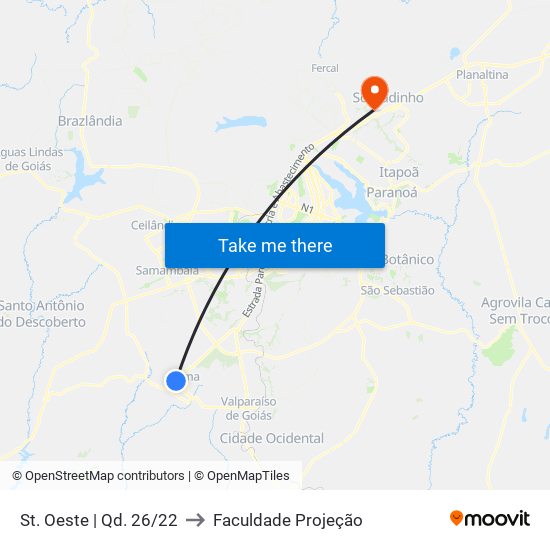 St. Oeste | Qd. 26/22 to Faculdade Projeção map