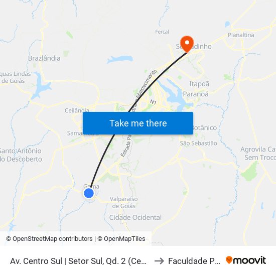 Av. Centro Sul | Setor Sul, Qd. 2 (Centro Radiológico) to Faculdade Projeção map