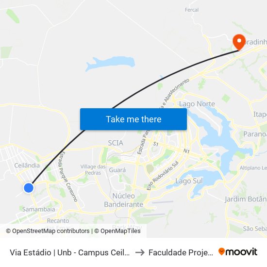 Via Estádio | Unb - Campus Ceilândia to Faculdade Projeção map